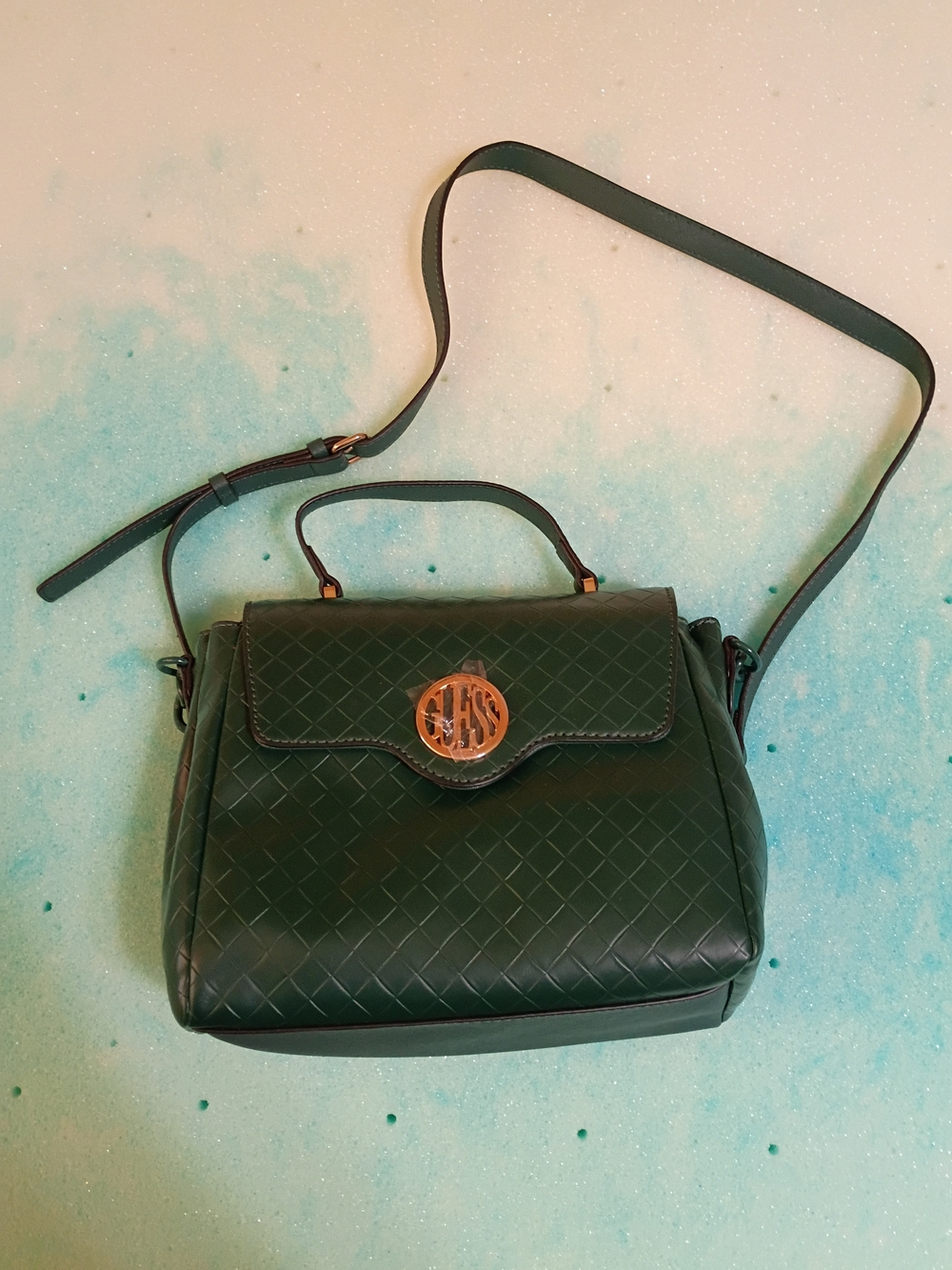 Guess‎ Dark Green Quilted Top-Handle Satchel with Gold Emblem